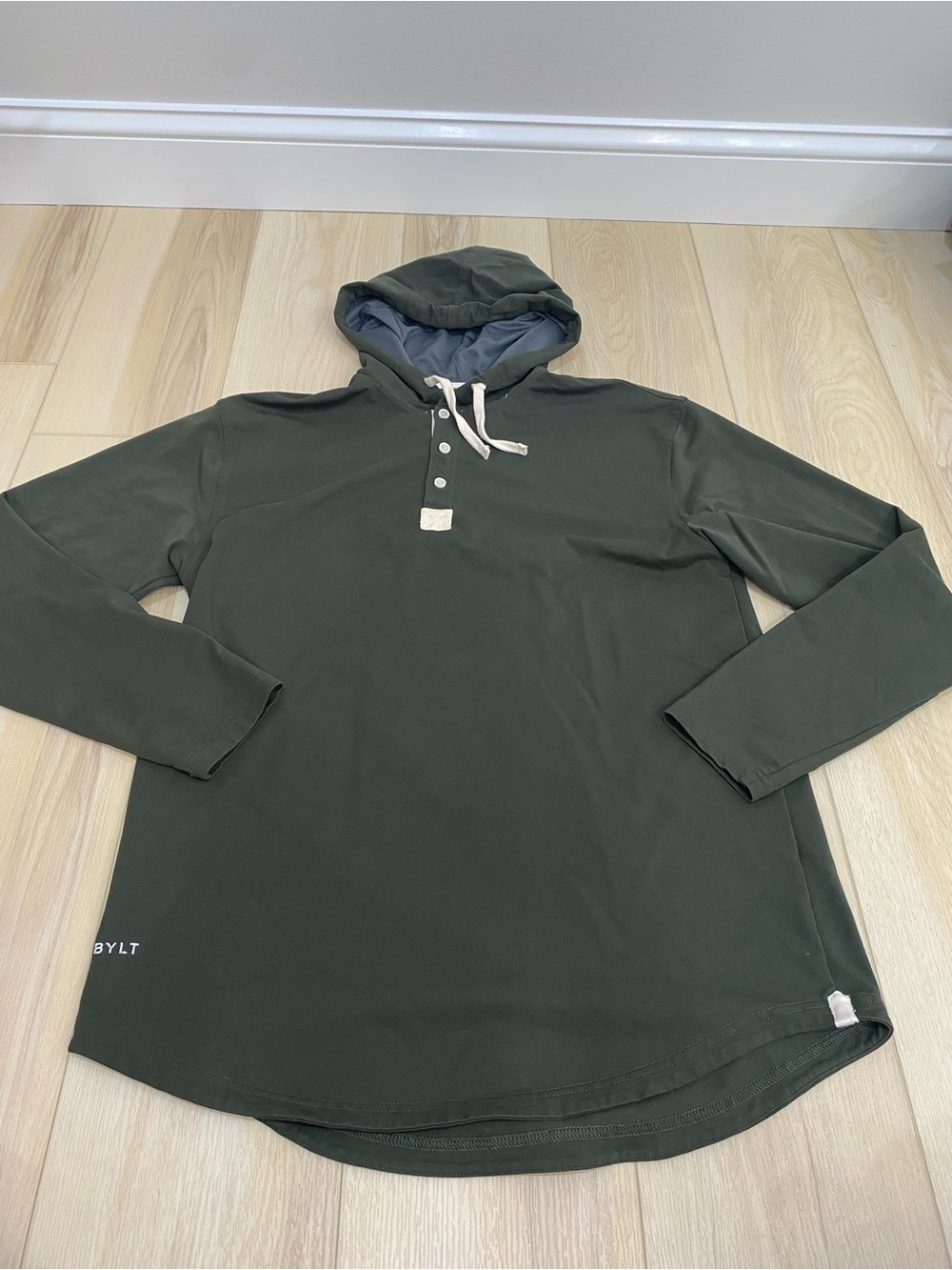 BYLT Sweatshirt Mens Large Green Hooded Henley Drop Cut Lux Stretch Performance